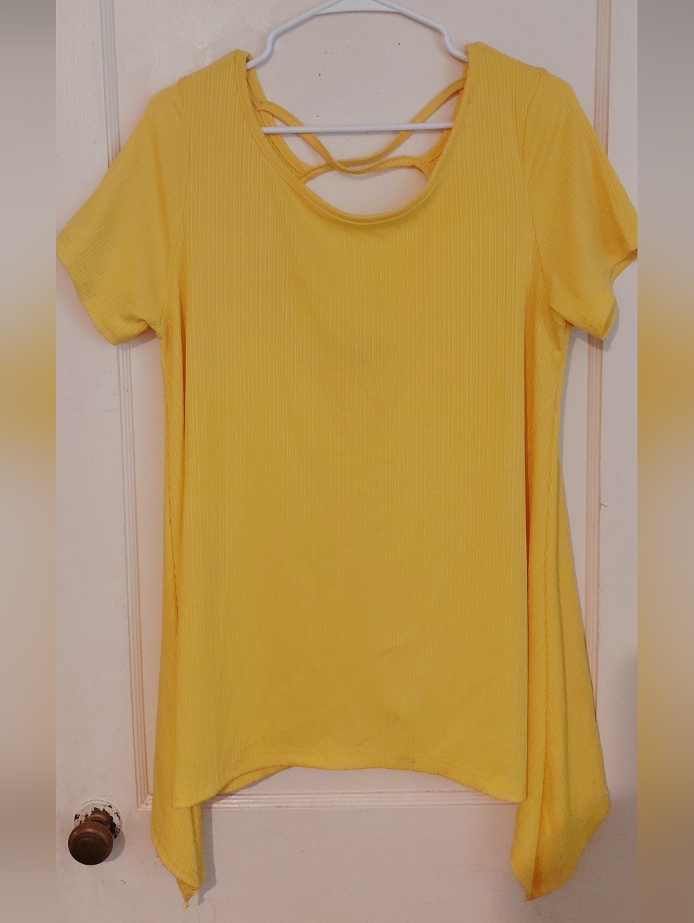 Rouge! Yellow Ribbed Short Sleeve Top with Back Strap Detail